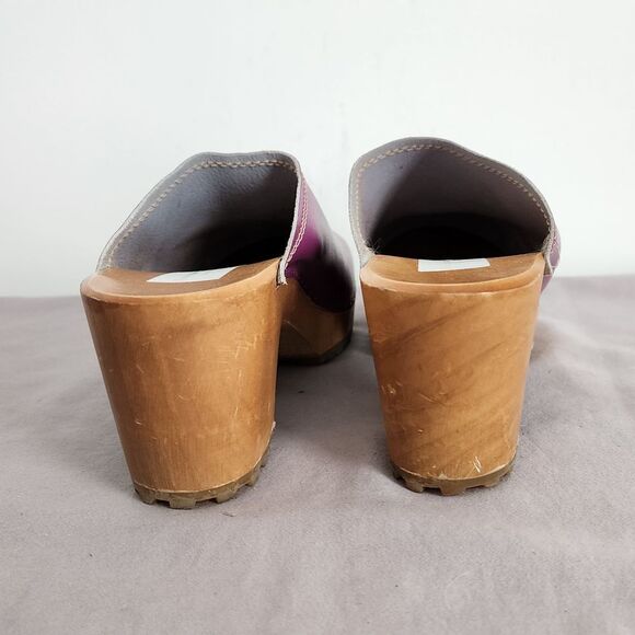 Handmade in Europe Purple Leather Wooden Clogs Mules Platform Shoes Size 41 - Picture 3 of 7